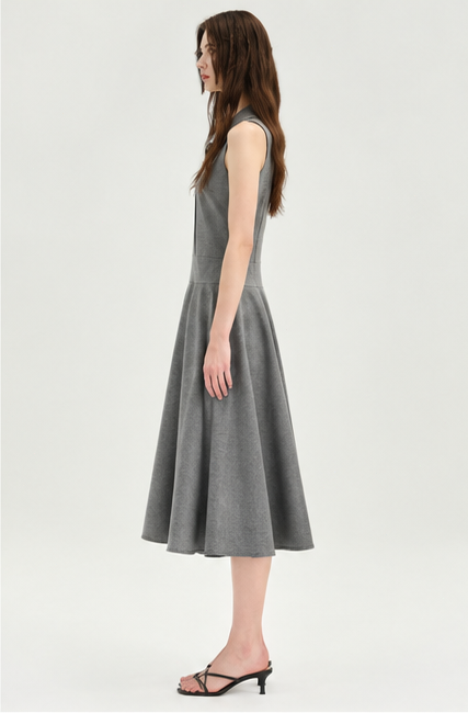 Gray collared sleeveless pleated midi dress