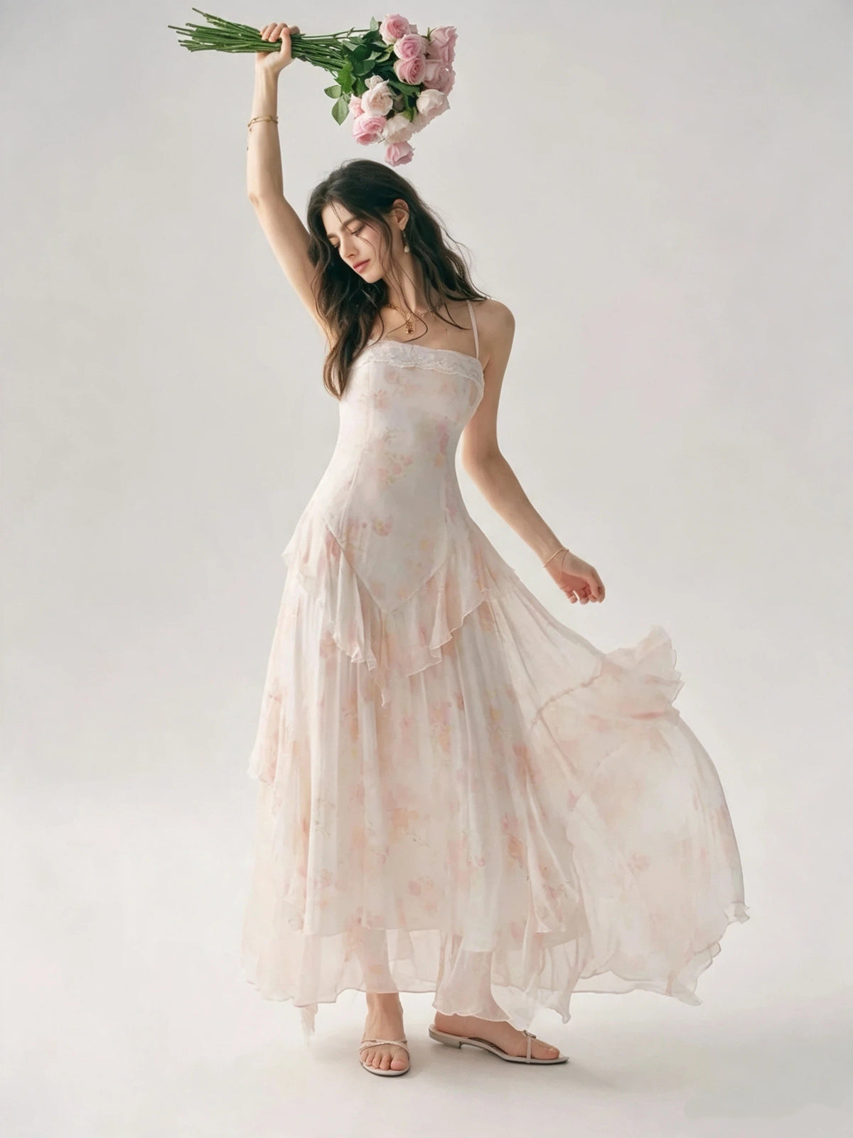Pink floral print sundress with ruffles