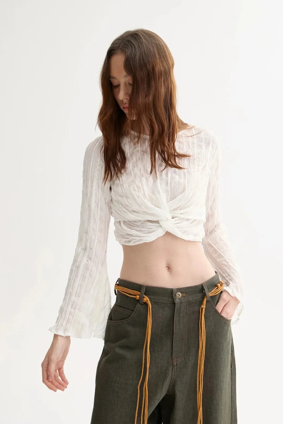 White textured short-sleeved flared top