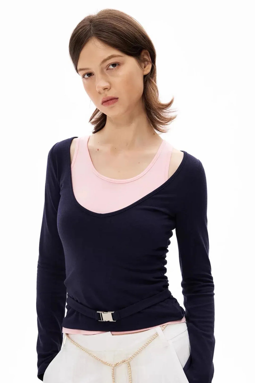 Navy blue layered long-sleeved U-neck top