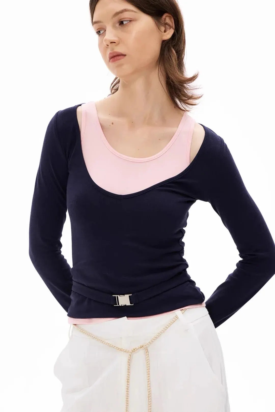 Navy blue layered long-sleeved U-neck top