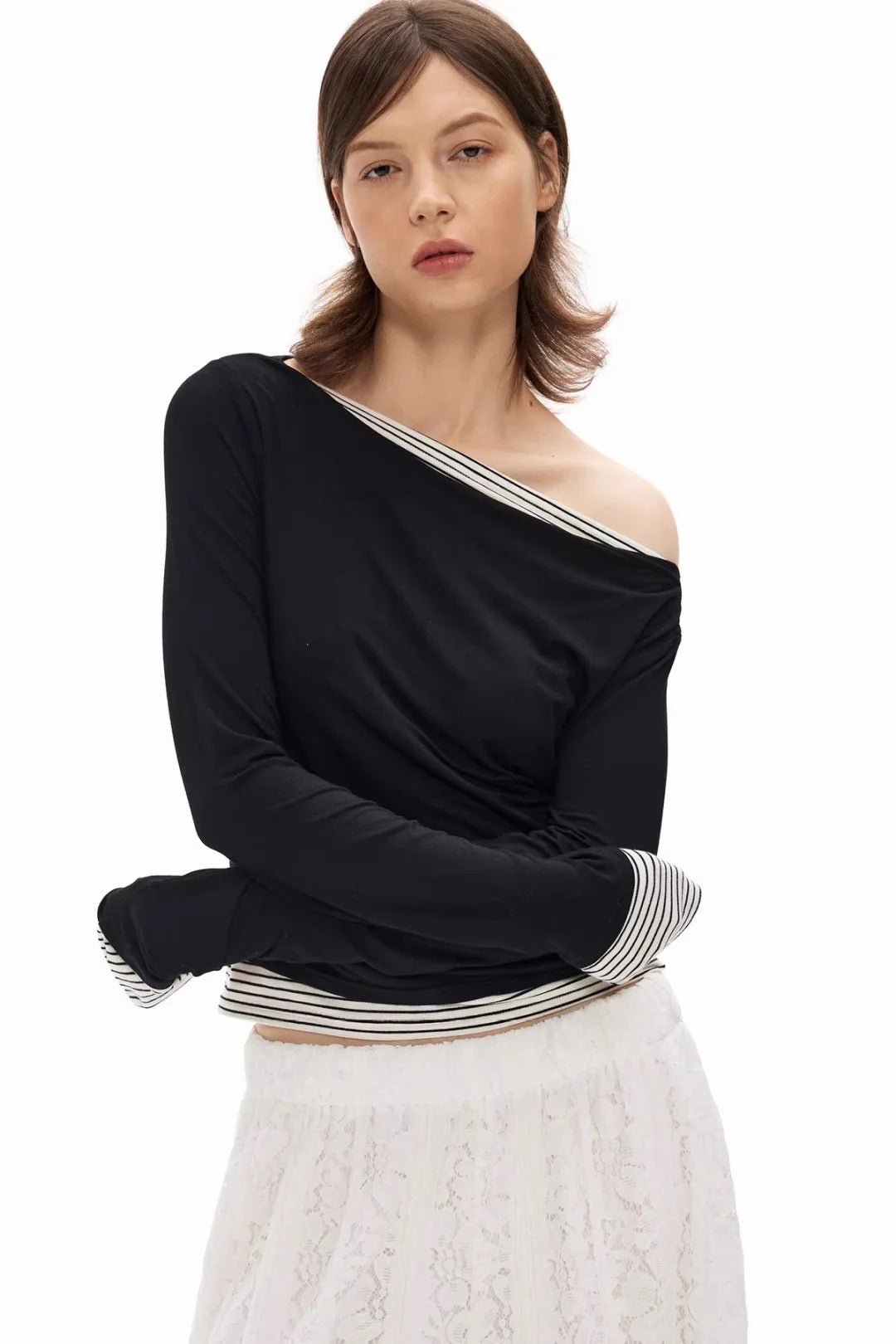 Black off-shoulder long-sleeved top