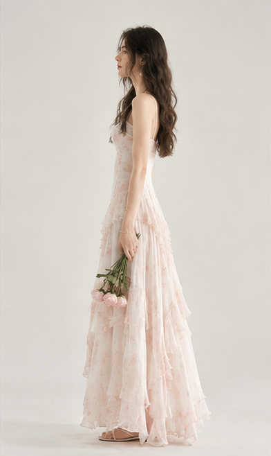 Pink floral print sundress with ruffles