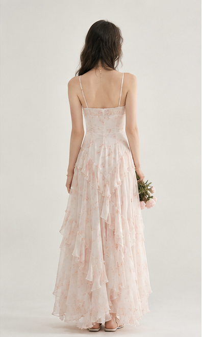 Pink floral print sundress with ruffles