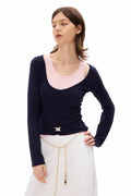 Navy blue layered long-sleeved U-neck top